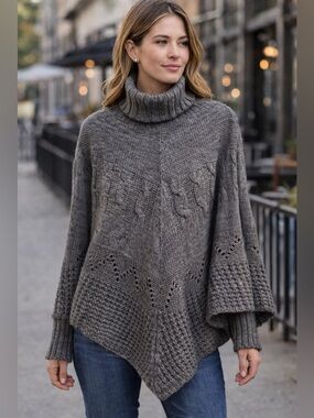 IPERICO / Turtleneck Cable Knit Poncho Sweater - Gray - OS - NWOT